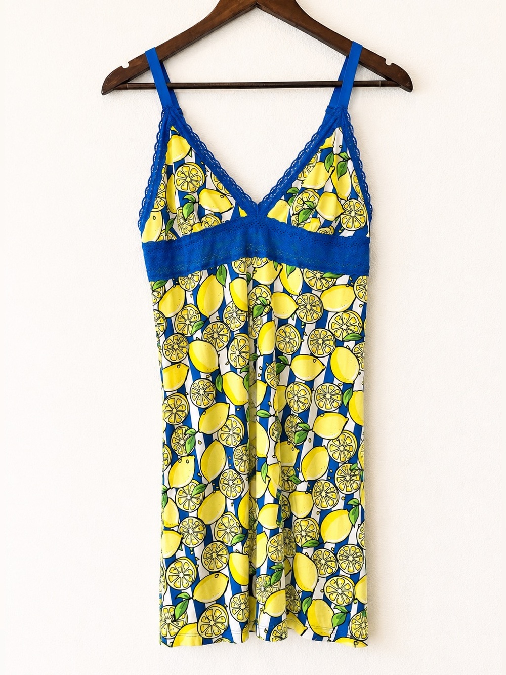 MeUndies Modal Sleep Dress Lemon Print Lace Trim Lounge Nightgown Summer L G60
